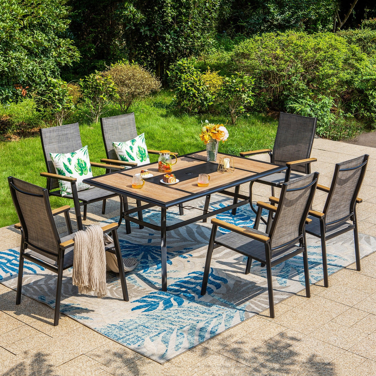7 Pieces Outdoor Patio Dining Set with Stackable Chairs and Metal Table C2254