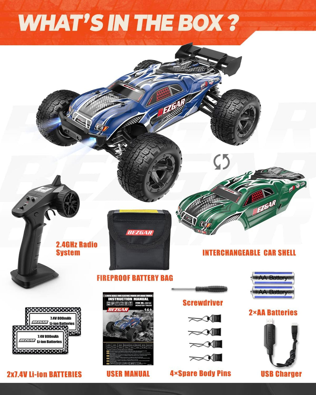 1:16 Scale 4WD Remote Control Monster Truck with 2 Rechargeable Batteries S515