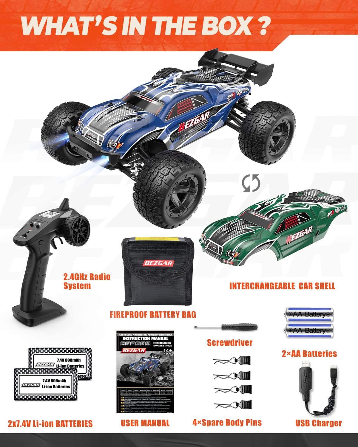 1:16 Scale 4WD Remote Control Monster Truck with 2 Rechargeable Batteries S515