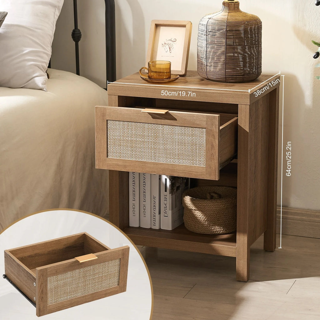 Oak Rattan Nightstand Set of 2 with Drawer and Storage Shelf Z78639