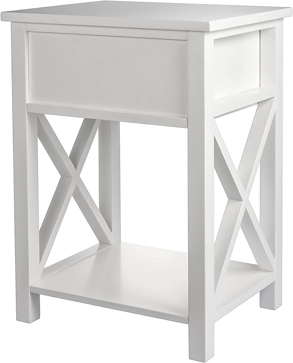 White Wooden Side End Table with Bin Drawer Set of 2 E7447