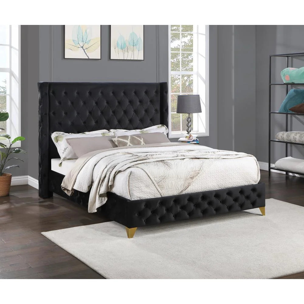 King Platform Bed with Black Velvet Upholstery C3726