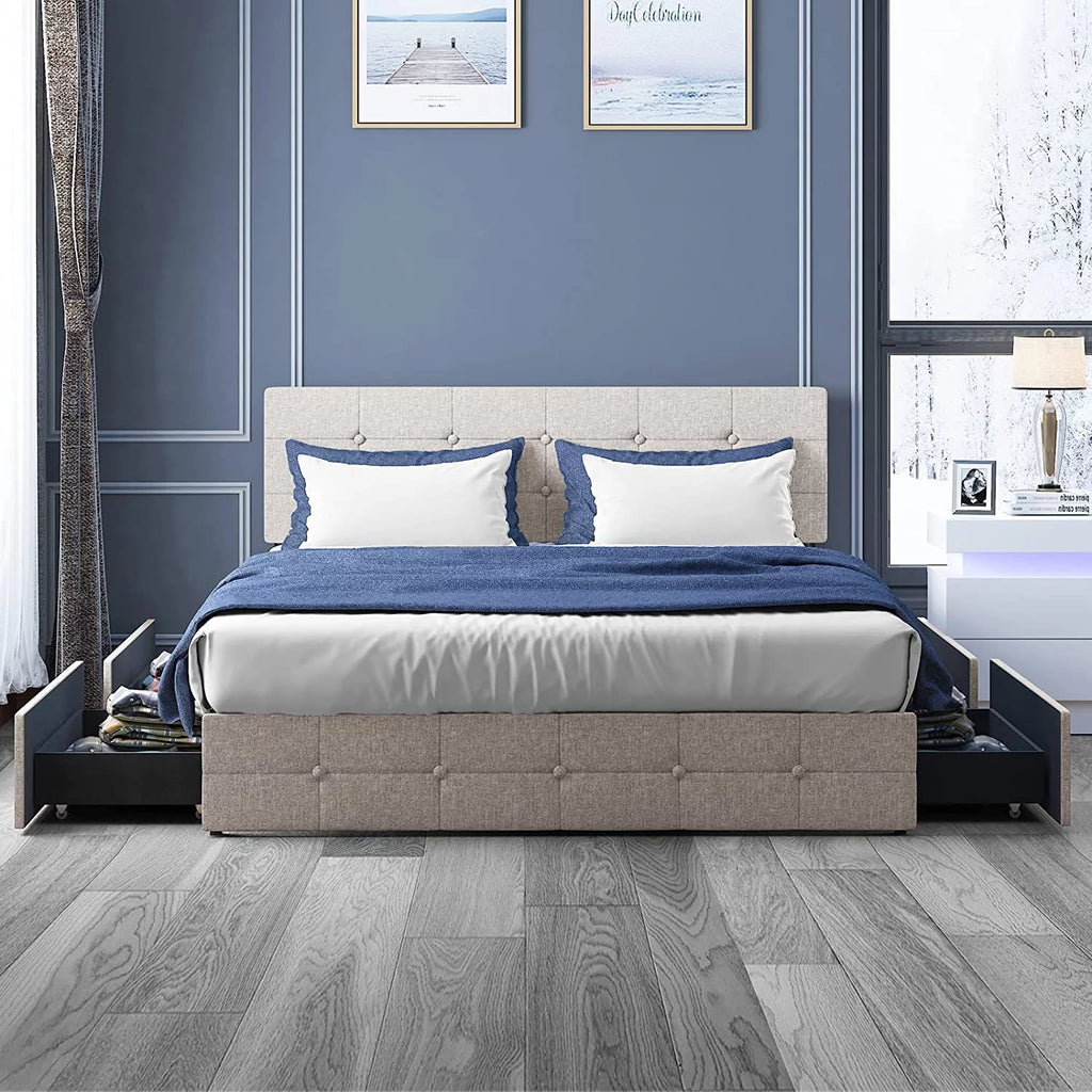 Queen Size Platform Bed Frame with 4 Storage Drawers N9055