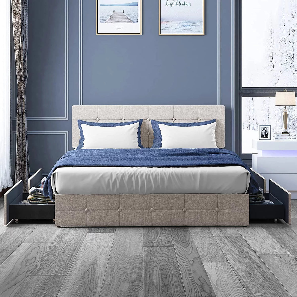 Queen Size Platform Bed Frame with 4 Storage Drawers N9055