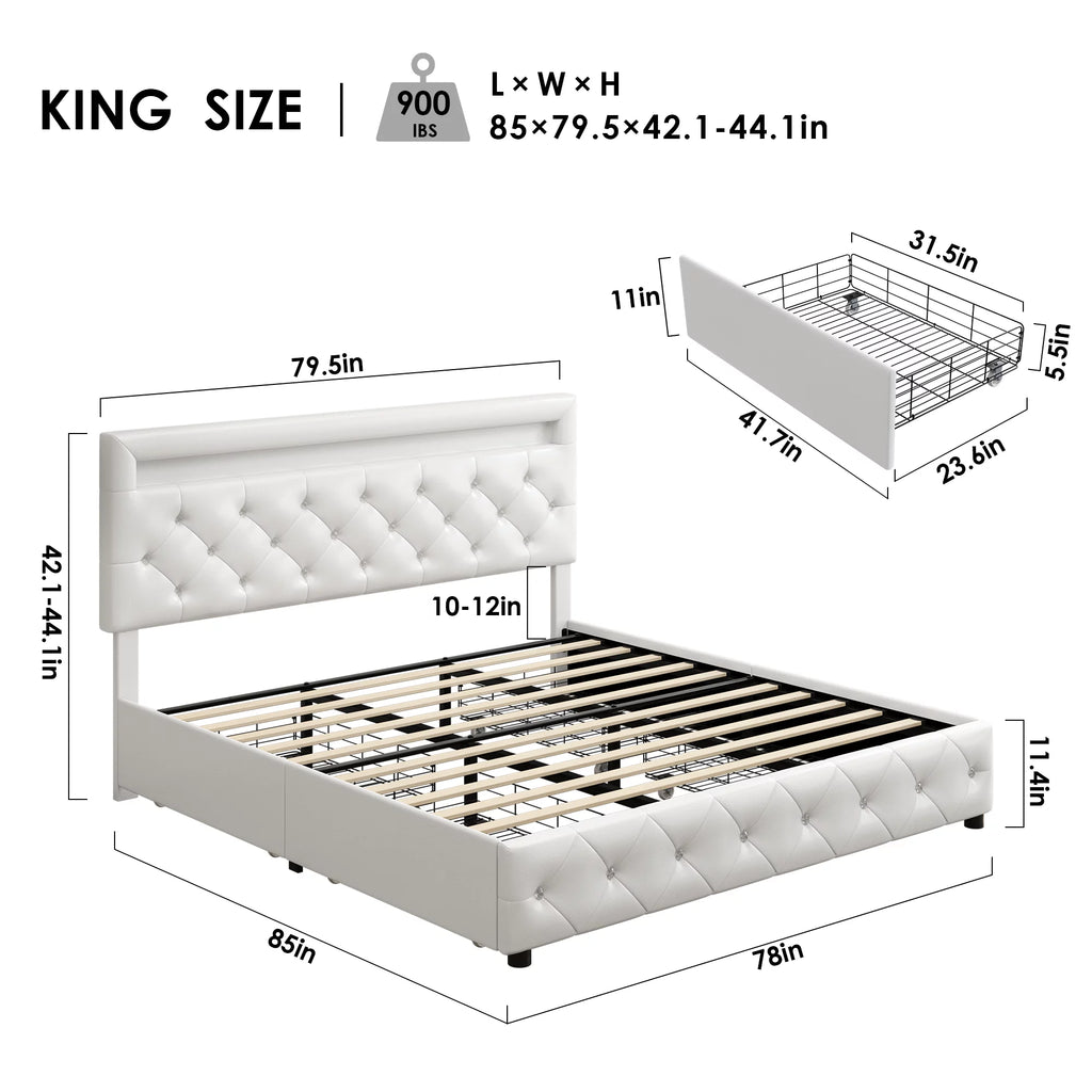 King LED Bed Frame with 4 Storage Drawer White Y47902