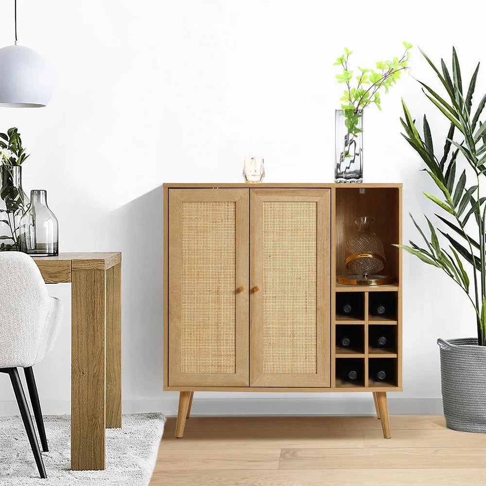 Light Oak Engineered Wood Rattan Wine and Storage Cabinet J73235