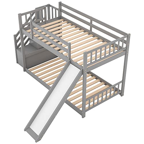 Twin Over Twin Solid Wood Bunk Bed with Slide and Storage Stairs P776411