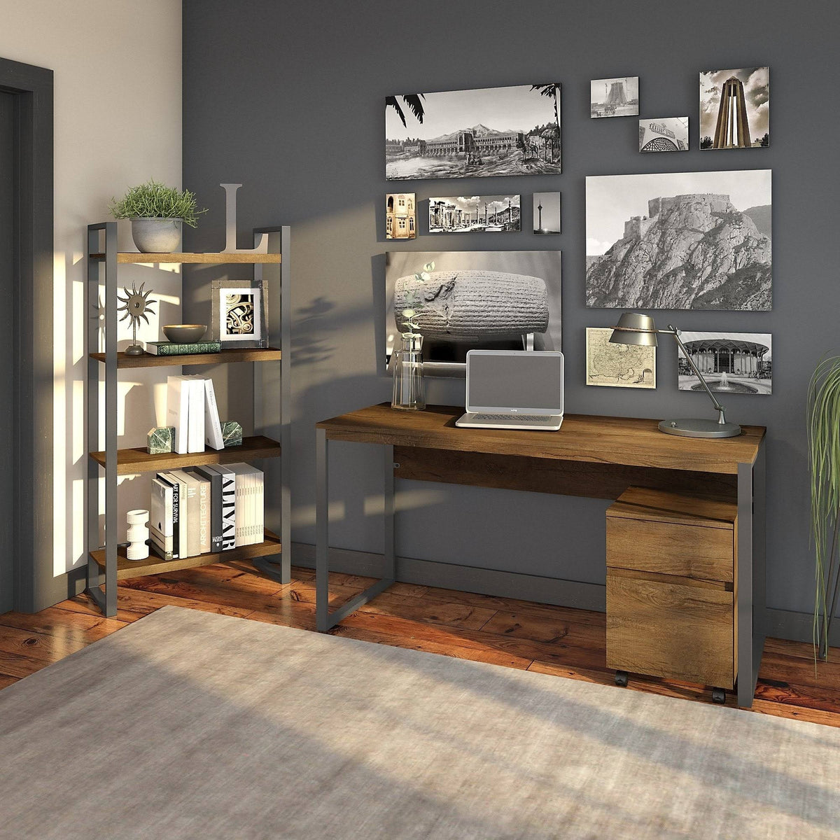 Brown Writing Desk with File Cabinet and Bookcase O221