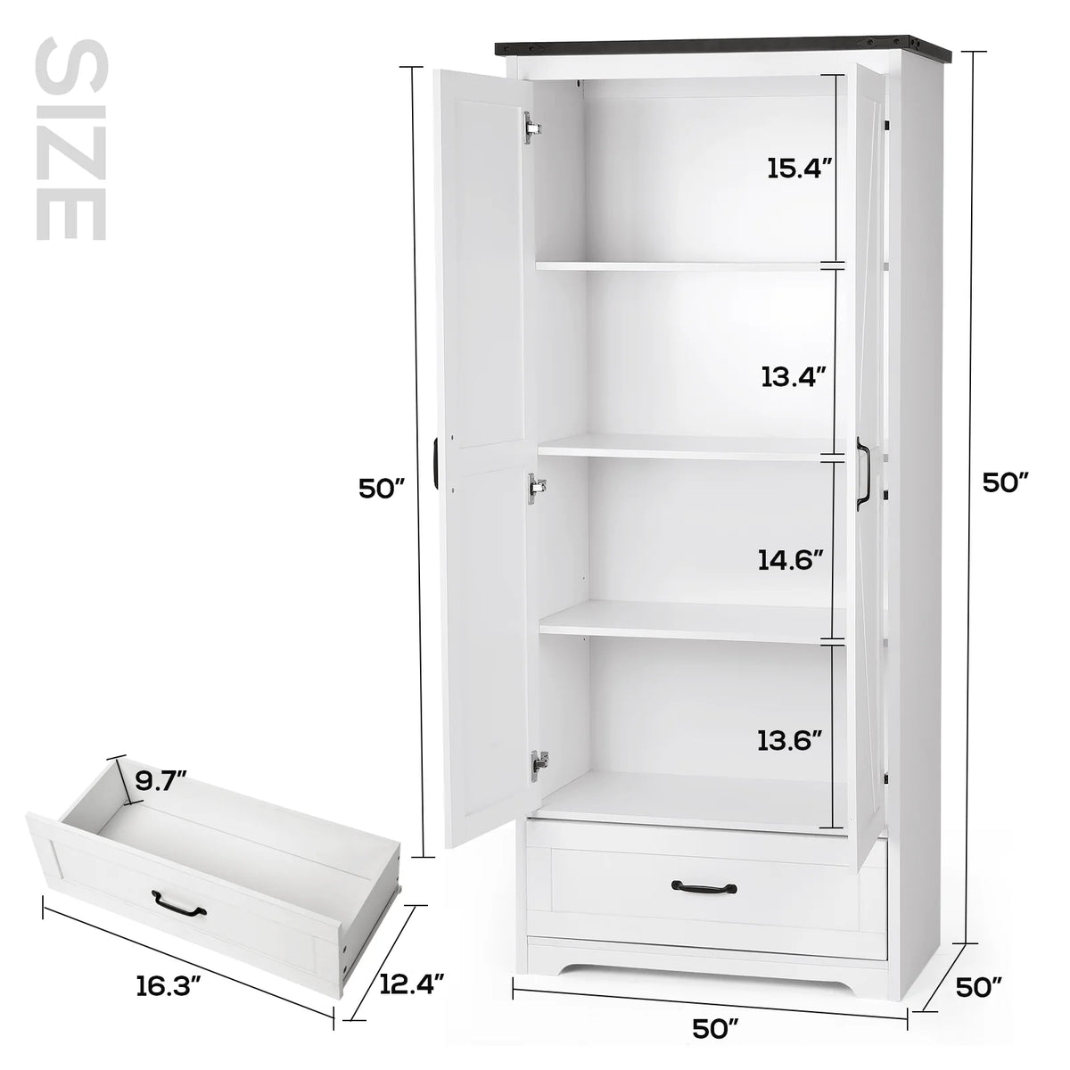 71" Tall White Wood Kitchen Pantry with Drawer & 2 Barn Doors P537