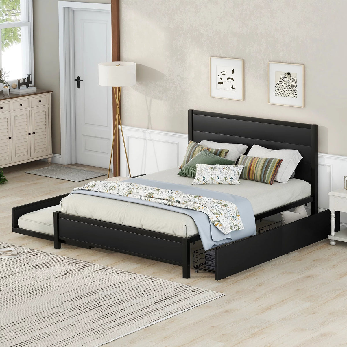 Black Metal Queen Size Storage Platform Bed with Trundle and 2 Drawers V76842
