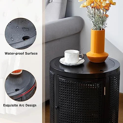 Black 3 Tier Rattan Round Coffee Table with Door U186