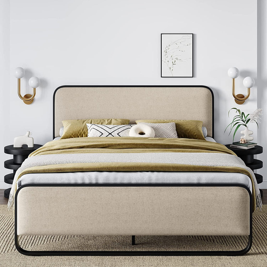 Queen Size Beige Metal Platform Bed Frame with Upholstered Headboard and Footboard N926067