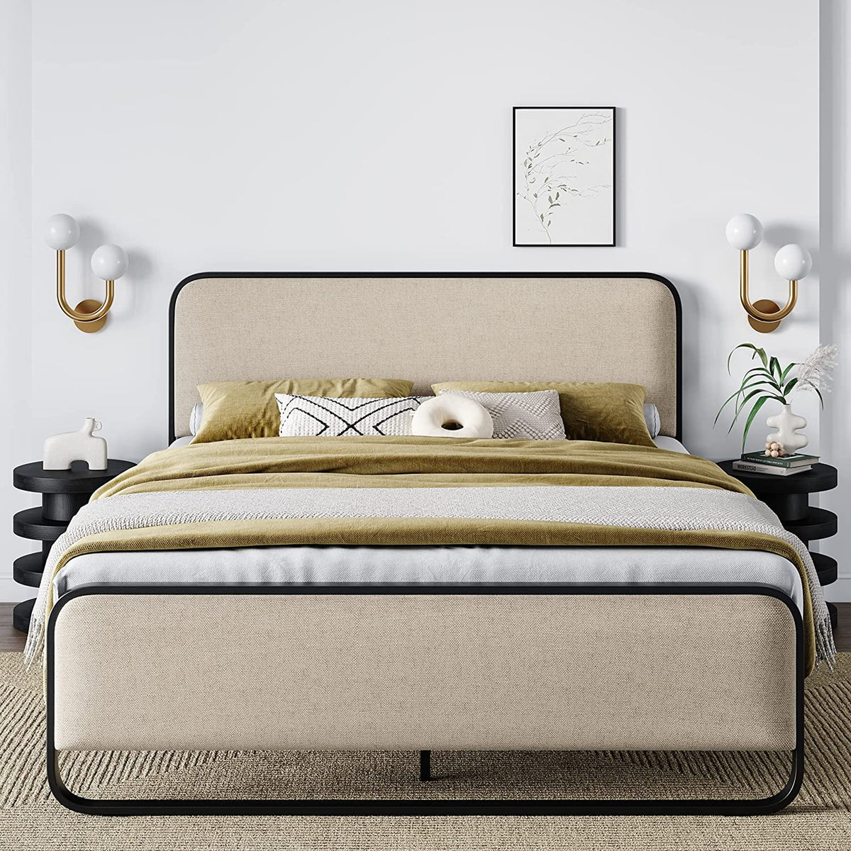 Queen Size Beige Metal Platform Bed Frame with Upholstered Headboard and Footboard N926067