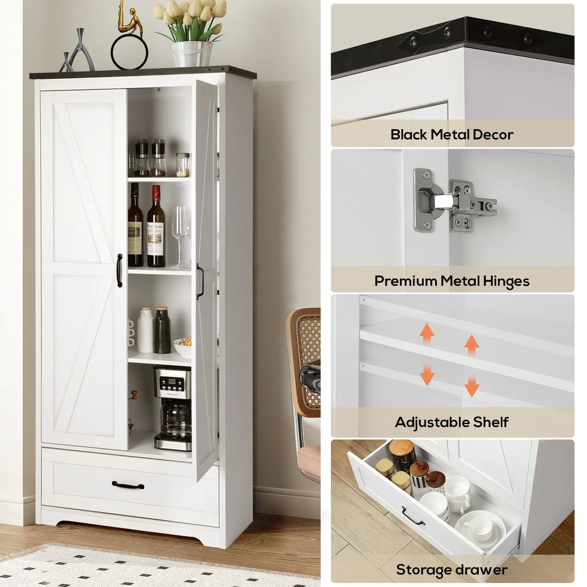 71" Tall White Wood Kitchen Pantry with Drawer & 2 Barn Doors P537