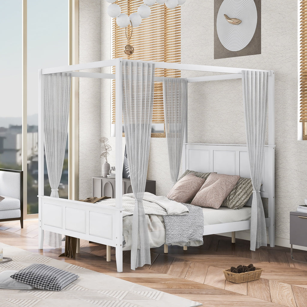 Queen Size Canopy Platform Bed with Slat Support Leg White R135