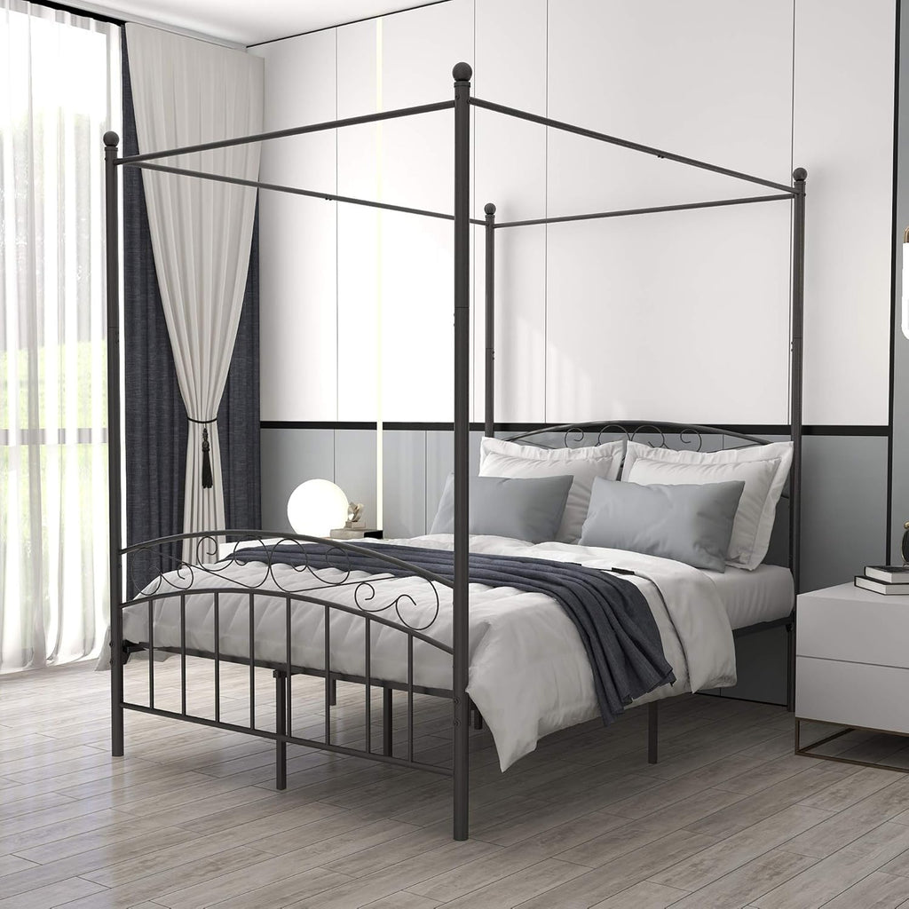 Queen Size Black Metal Canopy Bed Frame with Headboard and Footboard P15983