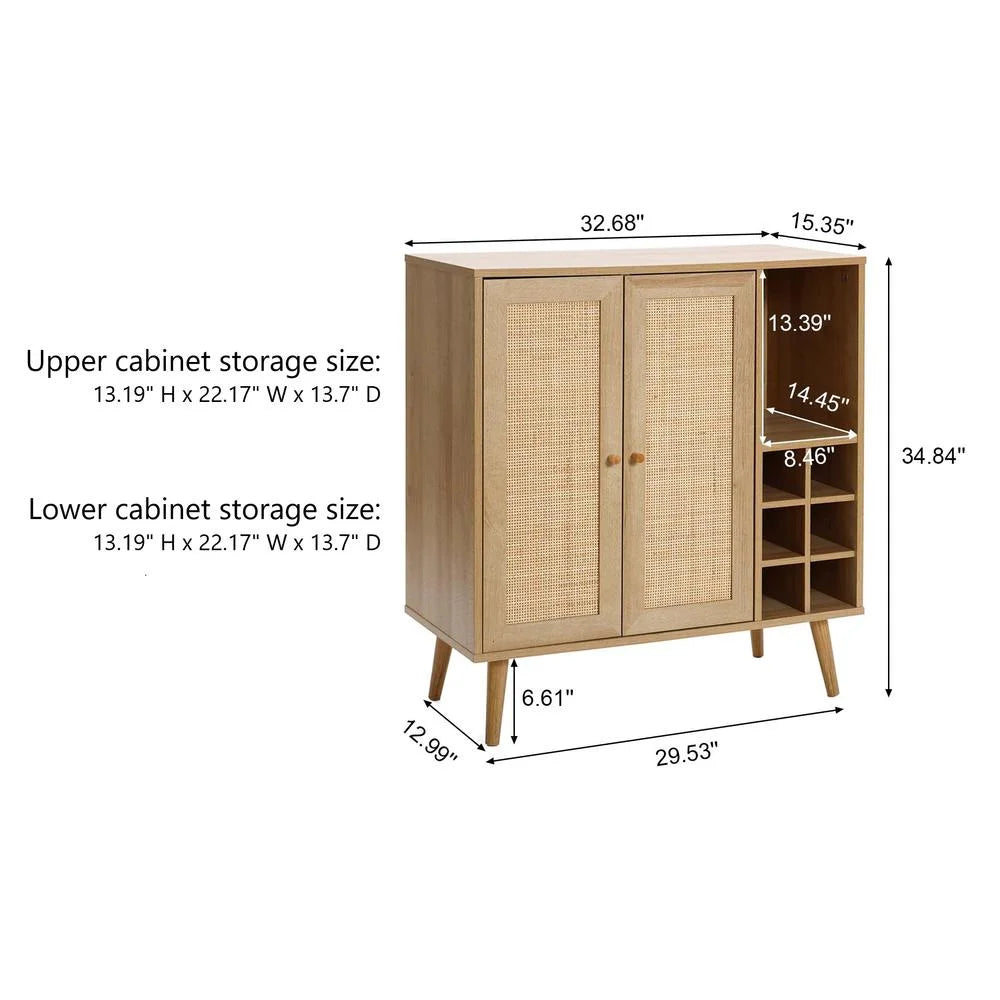 Light Oak Engineered Wood Rattan Wine and Storage Cabinet J73235