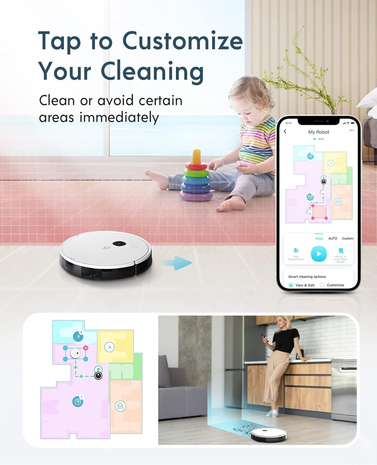 Robot Vacuum and Mop, Self-Emptying 3 in 1, 3000Pa Suction H9068