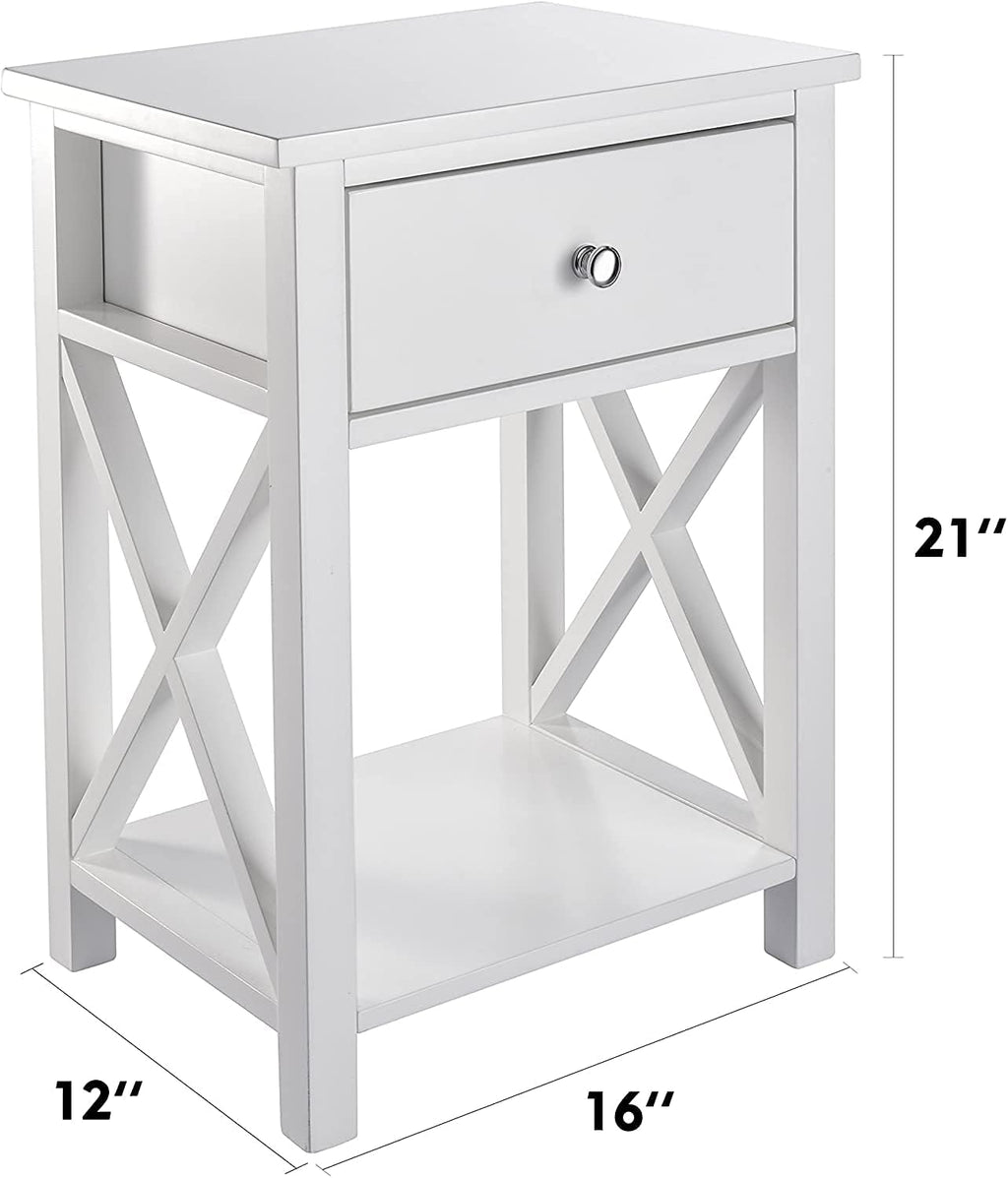White Wooden Side End Table with Bin Drawer Set of 2 E7447