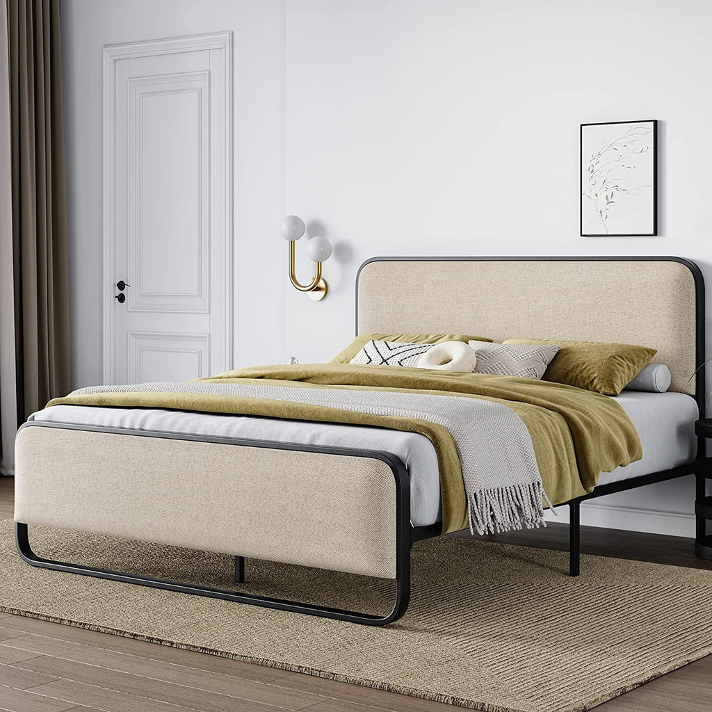 Queen Size Beige Metal Platform Bed Frame with Upholstered Headboard and Footboard N926067