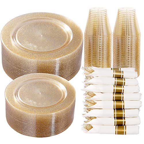 350 Pieces Gold Glitter Disposable Dinnerware Set D764