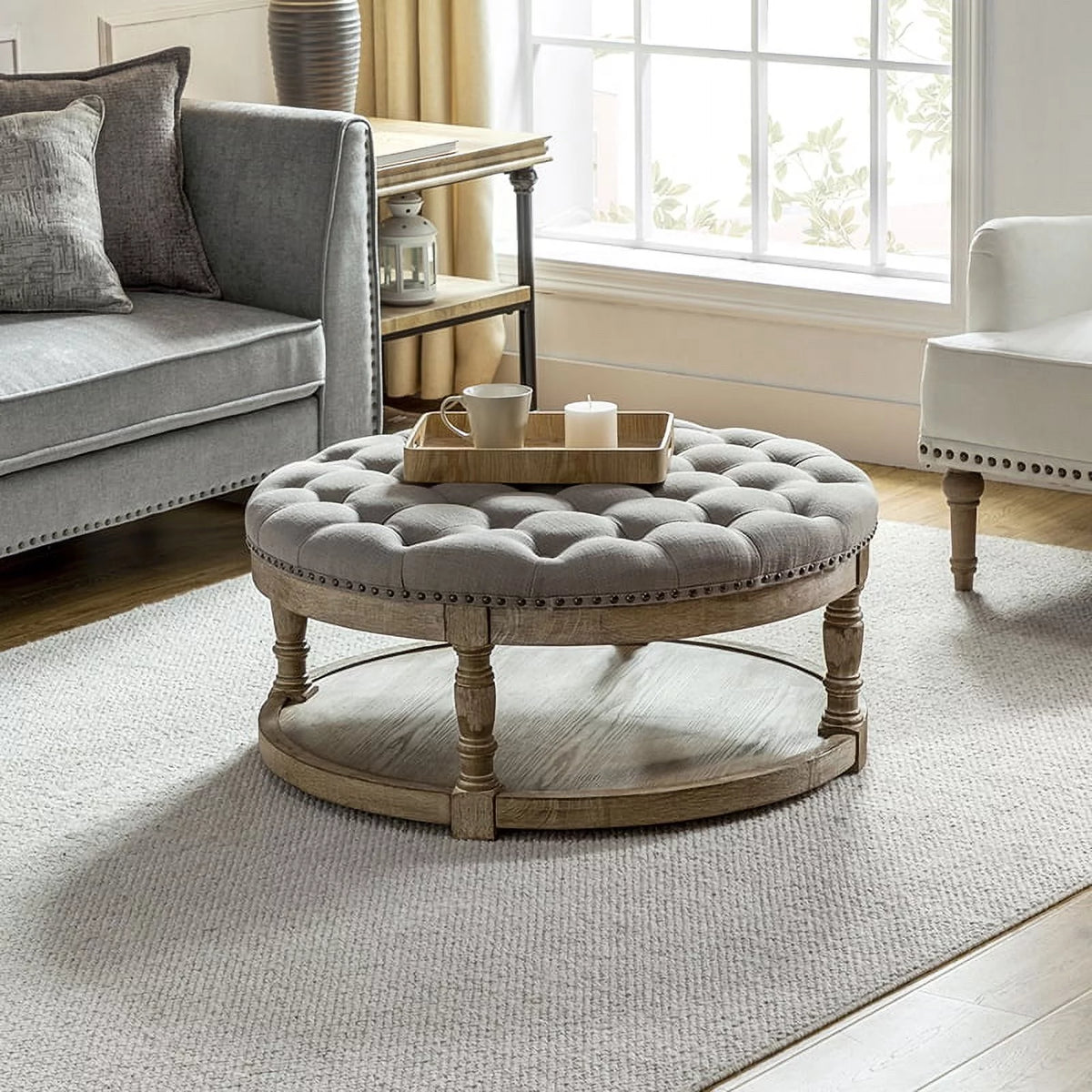 Grey Tufted Round Storage Ottoman Q872649