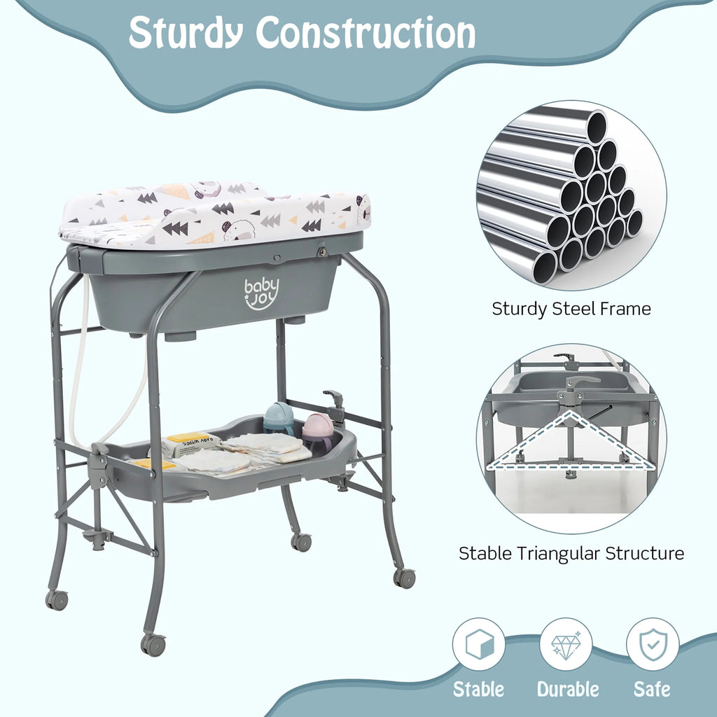 Baby Changing Table with Bathtub Portable Diaper Station with Wheels Gray M608347