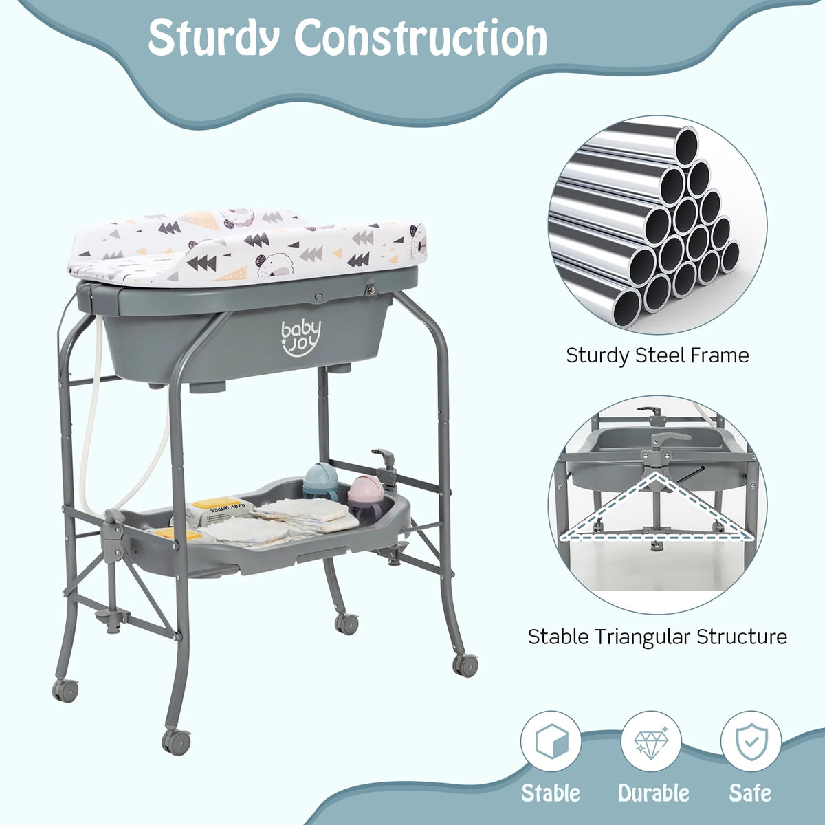 Baby Changing Table with Bathtub Portable Diaper Station with Wheels Gray M608347