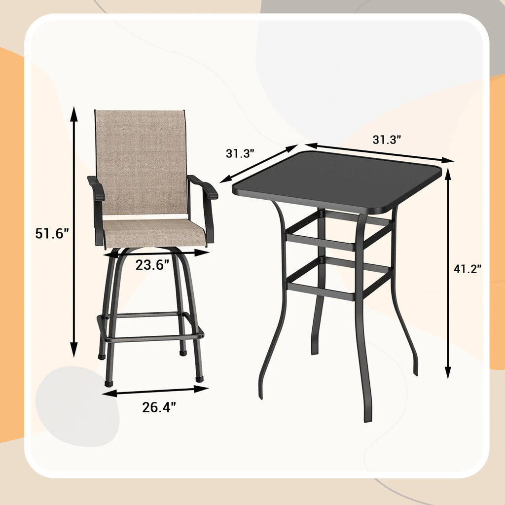 Outdoor High Bar Bistro Chair and Tempered Glass Table Set of 3, Light Brown, Steel R817