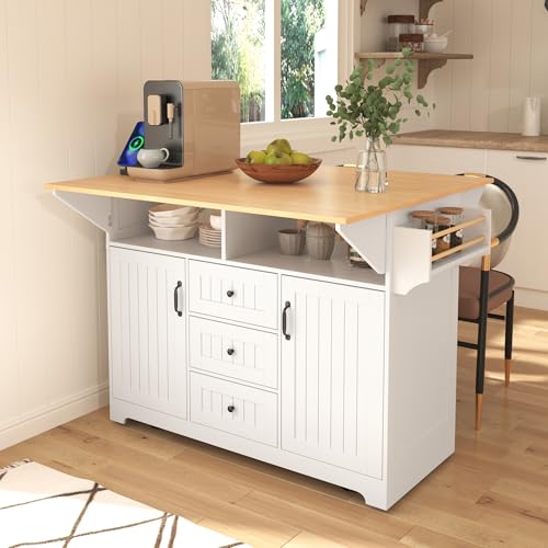 55.7'' Rolling Kitchen Island with 2 Drop Leaves and 3 Drawers U57908