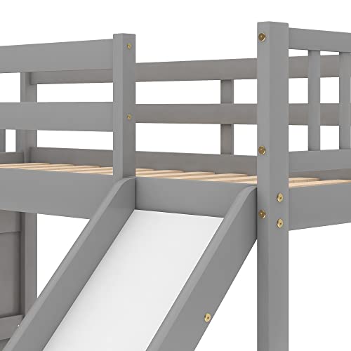 Twin Over Twin Solid Wood Bunk Bed with Slide and Storage Stairs P776411