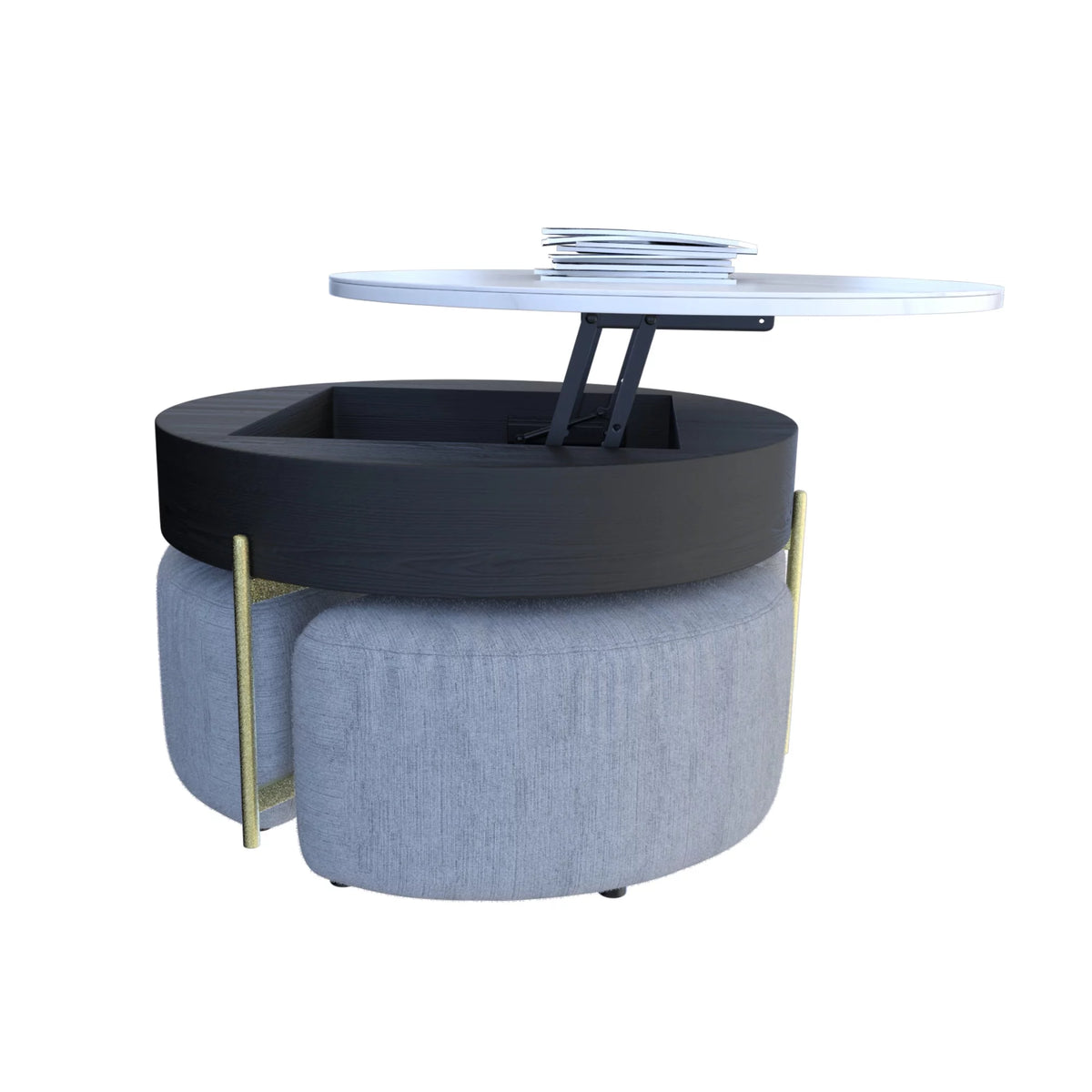 Lift-Top Coffee Table with 3 Stools White Black D4137