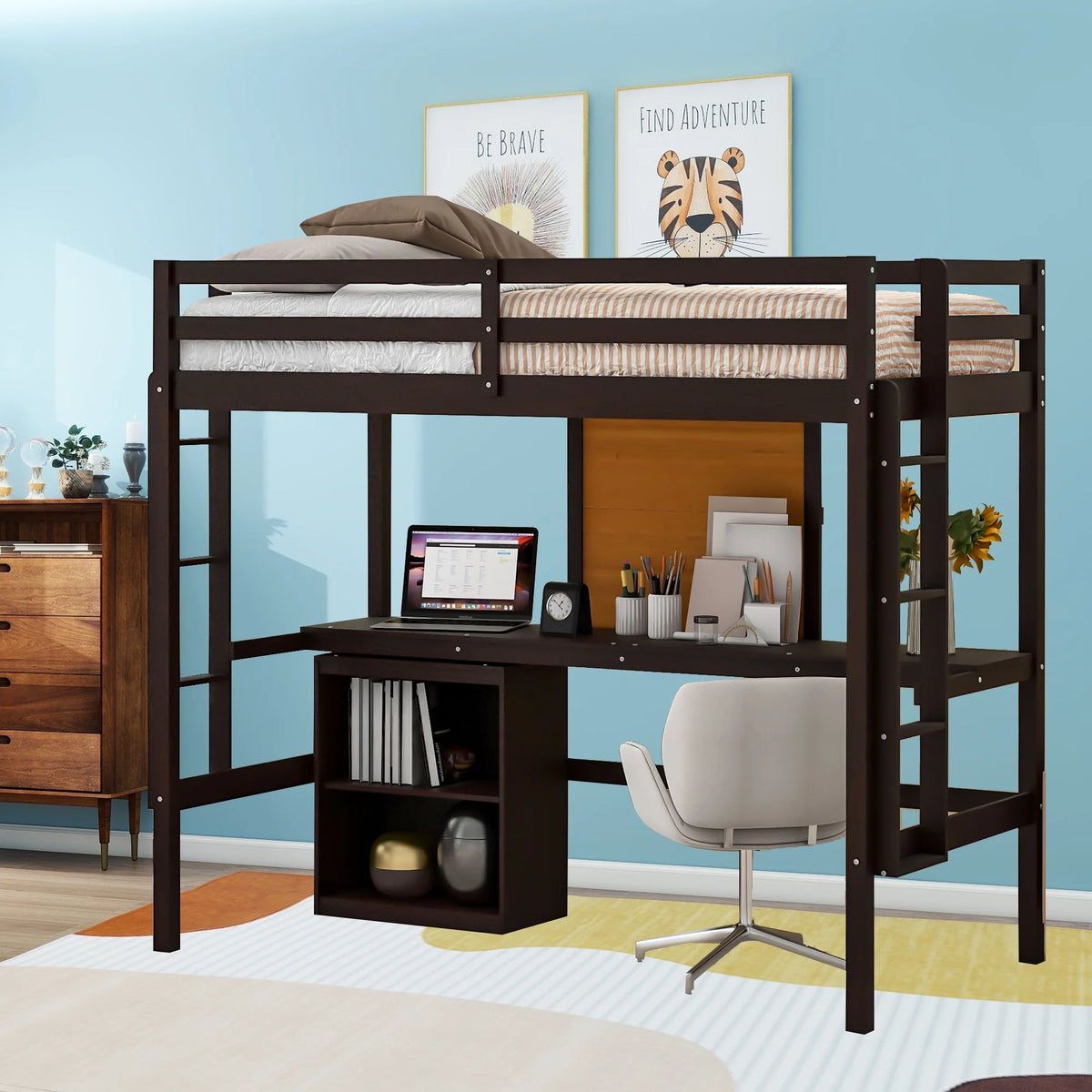 Twin Size Wooden Loft Bed with Desk and 2 Drawers Z671