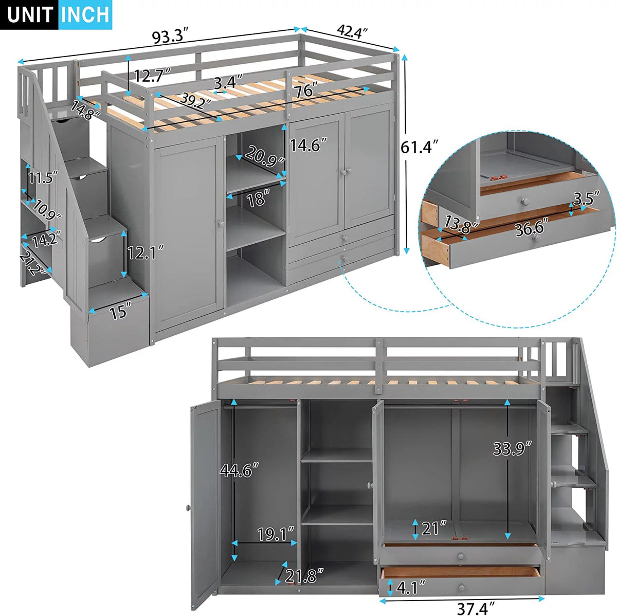 Solid Wood Loft Bed with Stairs, 2 Wardrobes, 3 Shelves and 2 Drawers, Gray U843290