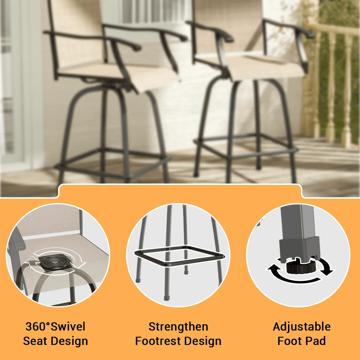 Outdoor High Bar Bistro Chair and Tempered Glass Table Set of 3, Light Brown, Steel R817