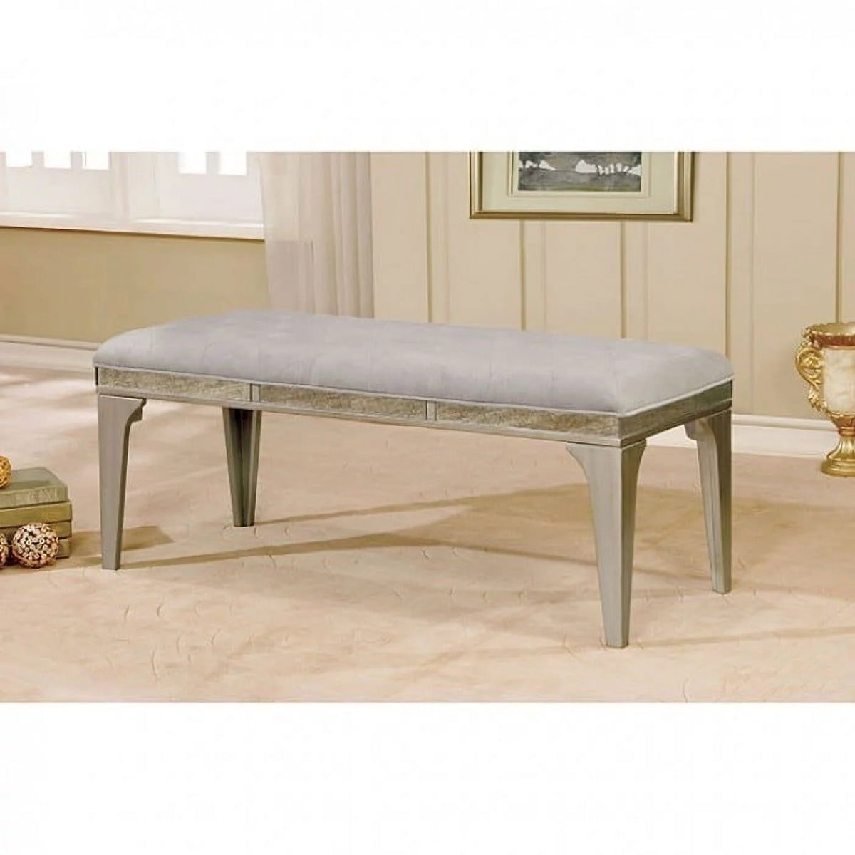 Gray Cushioned Wooden Bench W63622