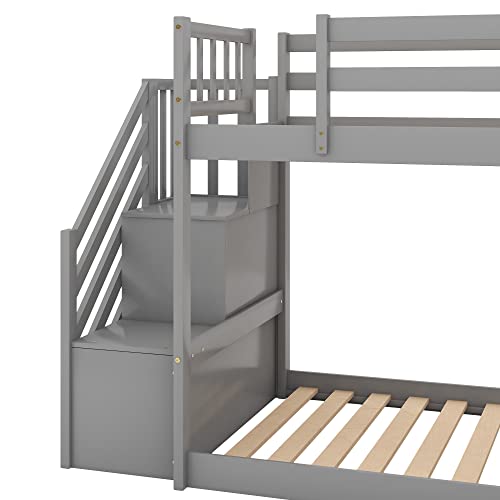Twin Over Twin Solid Wood Bunk Bed with Slide and Storage Stairs P776411