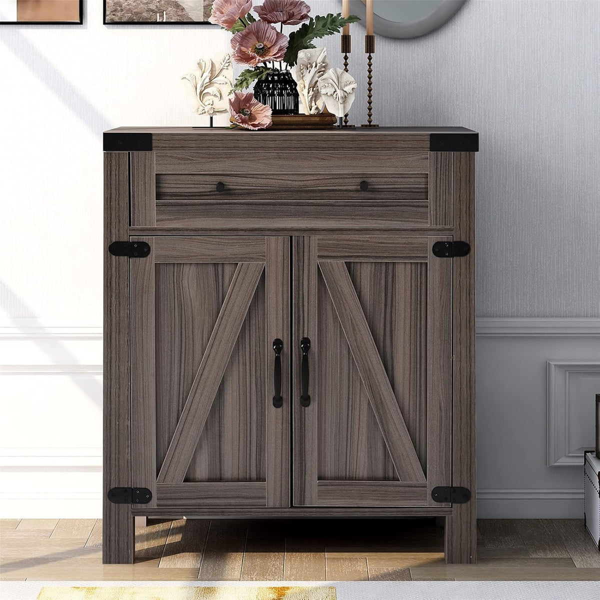 32 Farmhouse Barn Door Wood Accent Chest with Drawer B189939