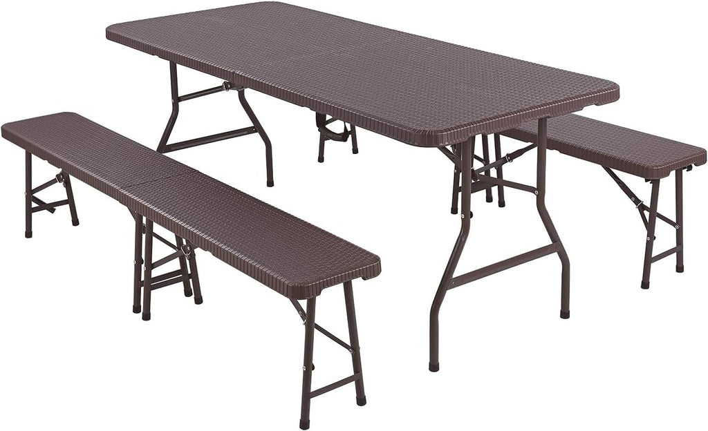 Portable Folding Table and Benches Set, 6 ft x 30 inch Rattan Look Plastic A60573