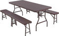 Portable Folding Table and Benches Set, 6 ft x 30 inch Rattan Look Plastic A60573