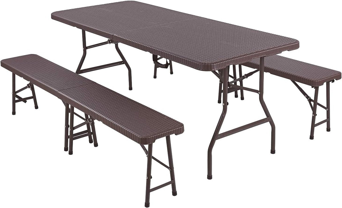 Portable Folding Table and Benches Set, 6 ft x 30 inch Rattan Look Plastic A60573
