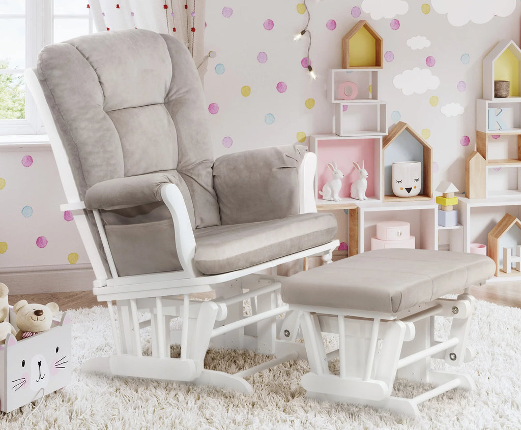 White Solid Wood Glider Chair and Ottoman B1518