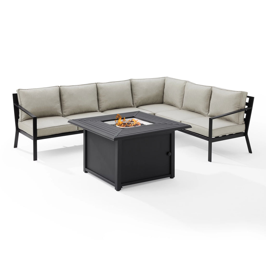 5 Pc Outdoor Metal Sectional Set with Fire Table Taupe Matte Black V55400