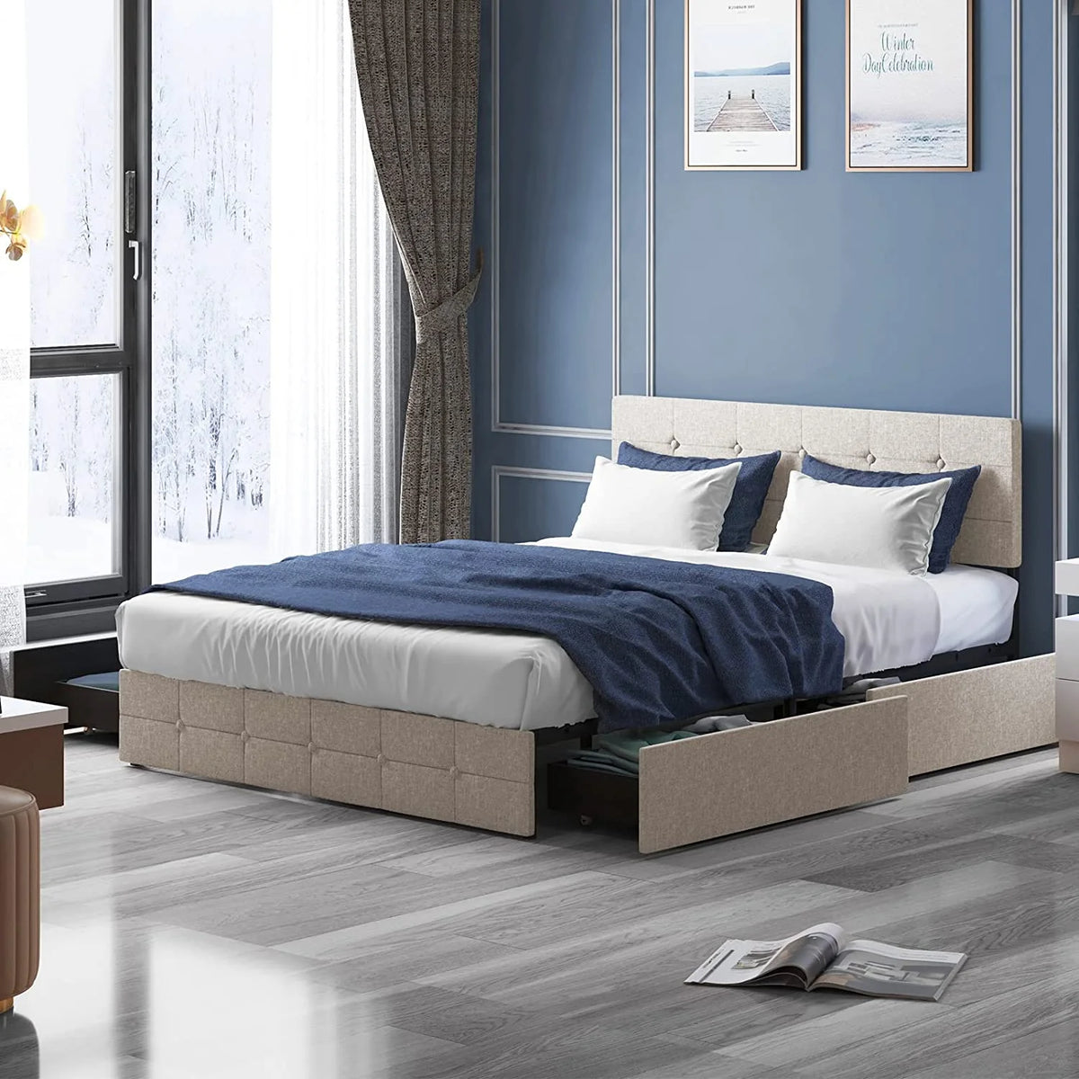 Queen Size Platform Bed Frame with 4 Storage Drawers N9055
