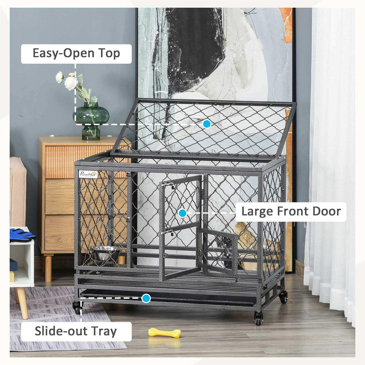 Heavy Duty Dog Crate Metal Kennel and Playpen with Lockable Wheels G412210