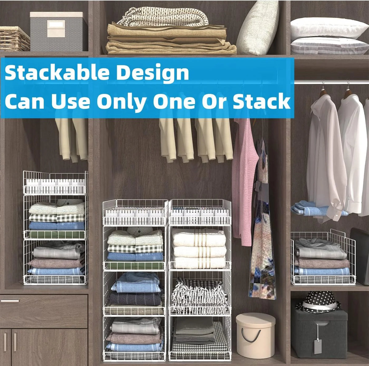 4 Tier Stackable Metal Wire Storage Basket with Dividers, White S862