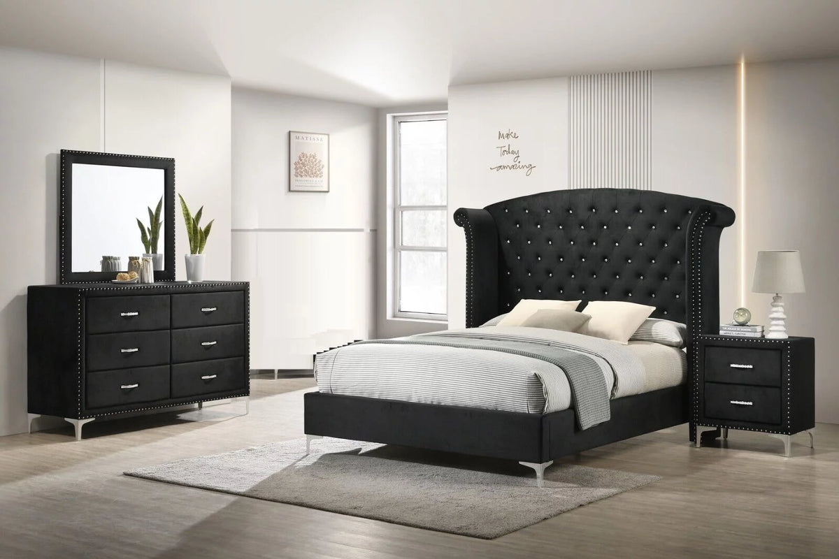 4pc Queen Size Black Velvet Bedroom Set J133664