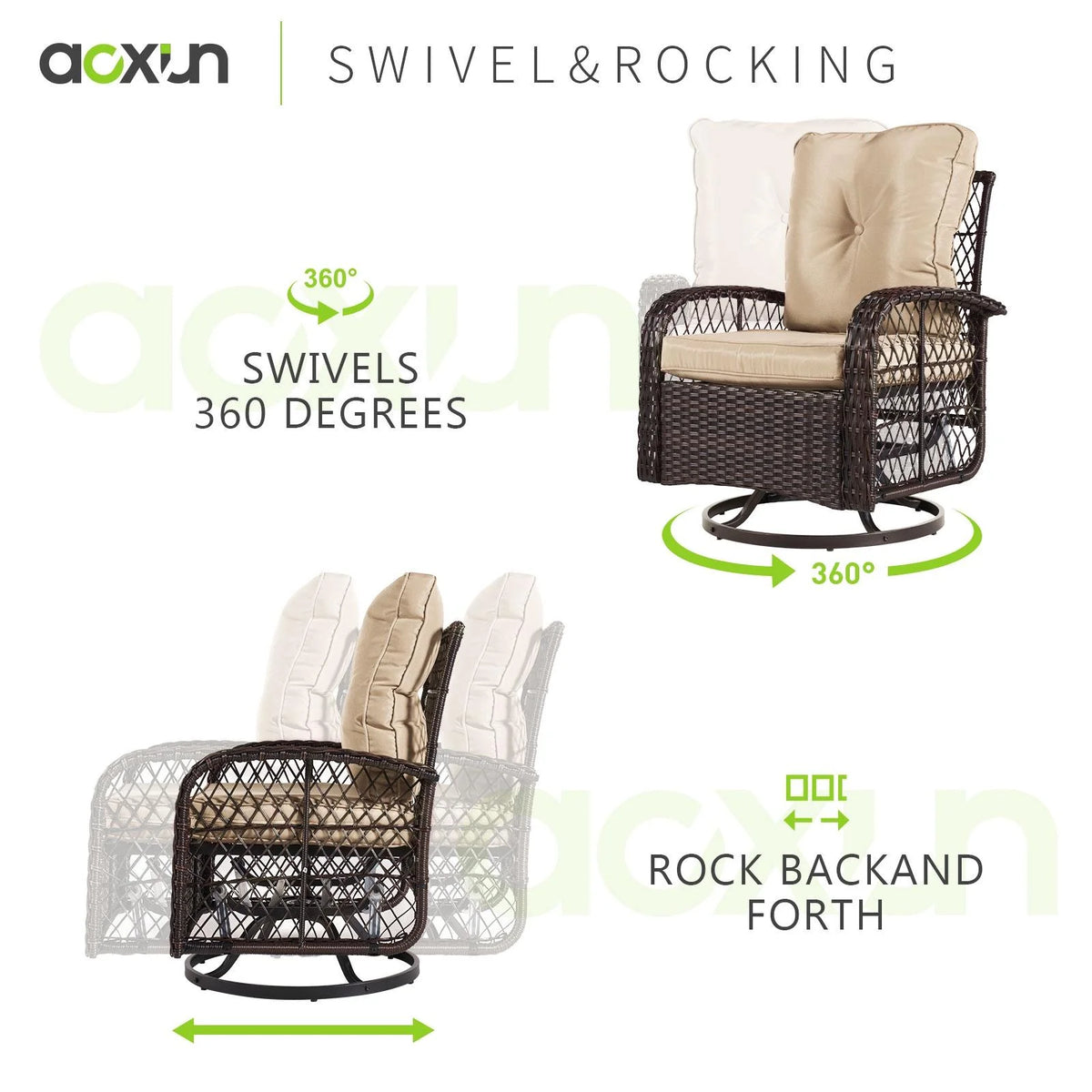 3 Piece Swivel Rocking Wicker Patio Chairs Set with Beige Cushions I80836