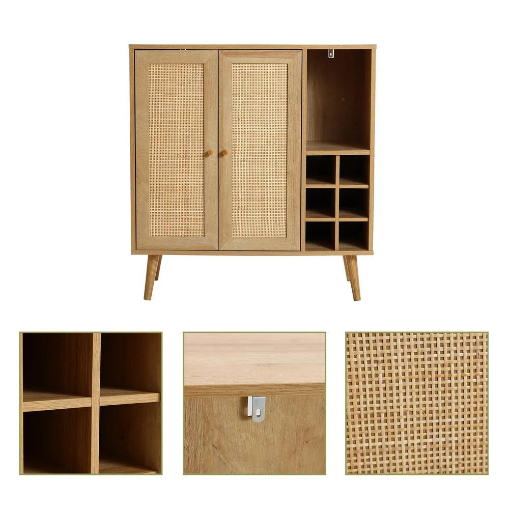 Light Oak Engineered Wood Rattan Wine and Storage Cabinet J73235