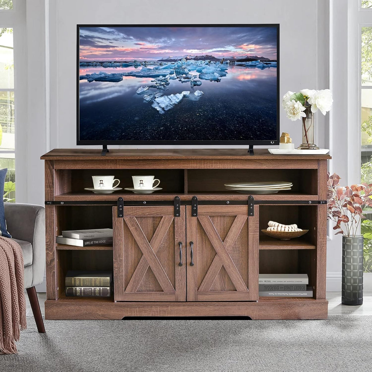 Brown Wood TV Stand with Sliding Barn Door D546